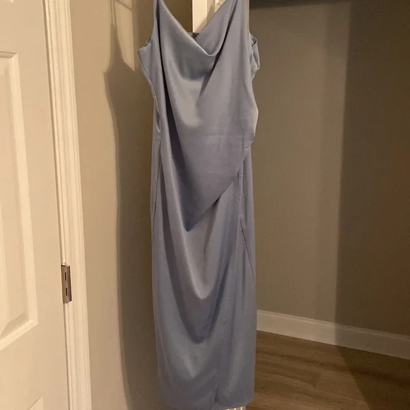 Lulu’s Hollywood Woman Dusty Blue Satin Midi Dress - Picture 4 of 6